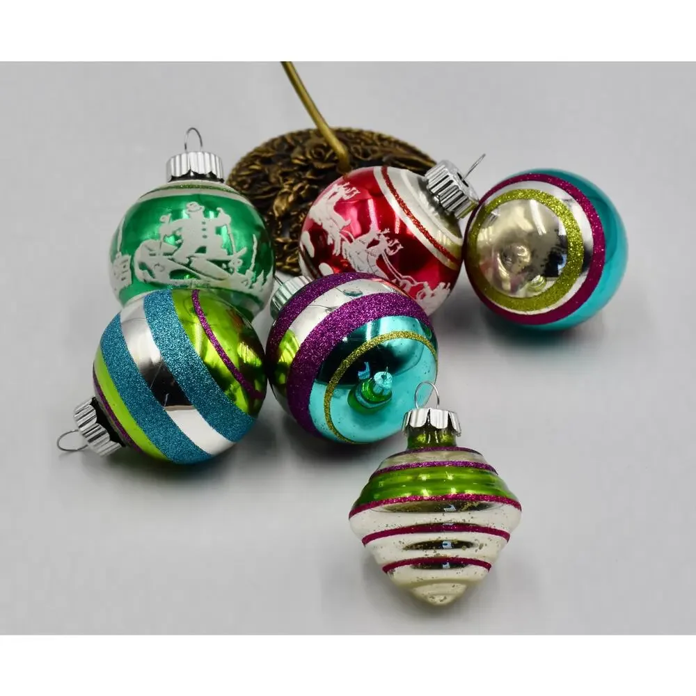 Radko Shiny Brite Flocked Stencil Glass Ball Christmas Tree Ornament Set